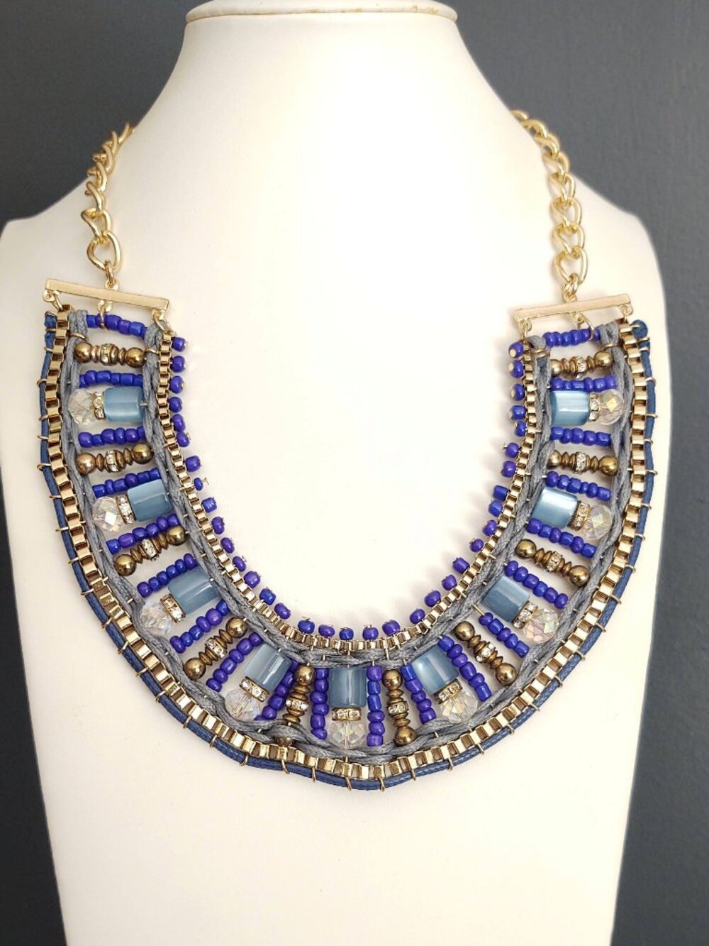 Royal blue, gold, blue gray and teal mixed media statement necklace